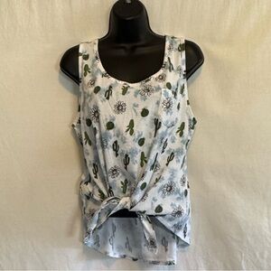 C-59 Pretty Rebel‎ White & Green Cactus & Floral Print Tie-Front Sleeveless Top